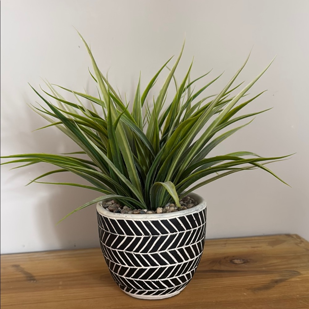 Black and White Patterned Planter with Faux Plant